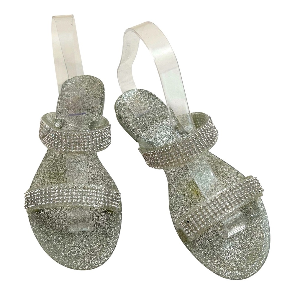 Bamboo Size 39 Dalia Silver Sparkly Flat Jeweled Double Strap Rhinestone Sandal